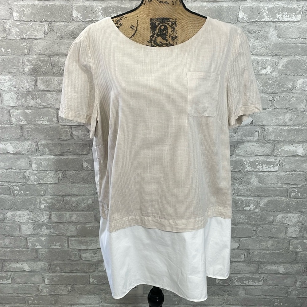 Lafayette 148 Beige White Colorblock Short Sleeve Linen Cotton Tunic Top
